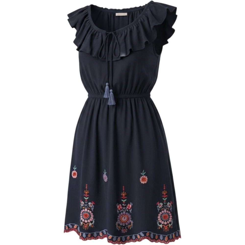 Womens Cottagecore Folk Navy Blue Embroidered Boho Gauze Peasant Mini Dress Sz L